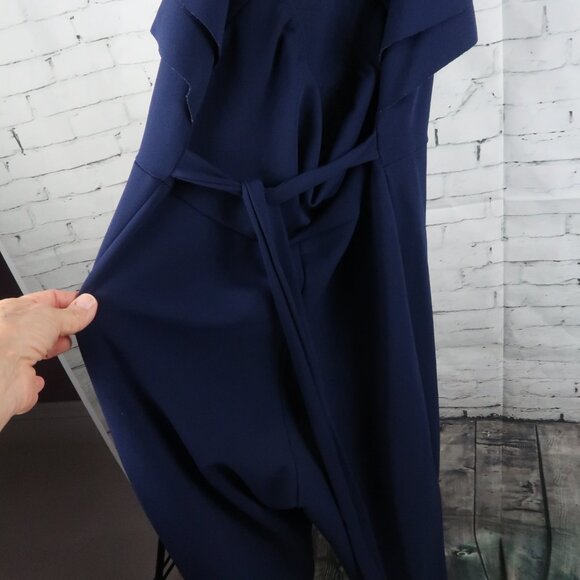 BEBE NAVY BLUE HIGH NECK HALTER RUFFLE OPEN BACK WIDE LEG JUMPSUIT SIZE 10 - Picture 8 of 9